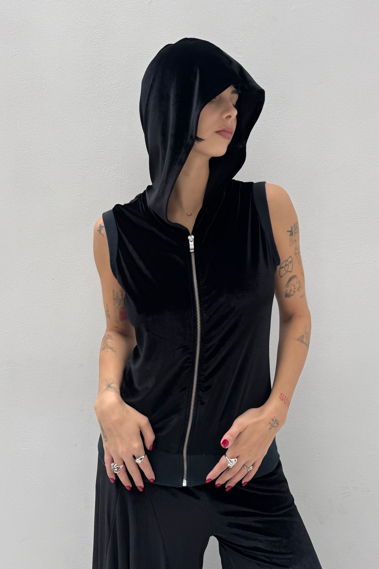 Vintage Black Velvet Hooded Top