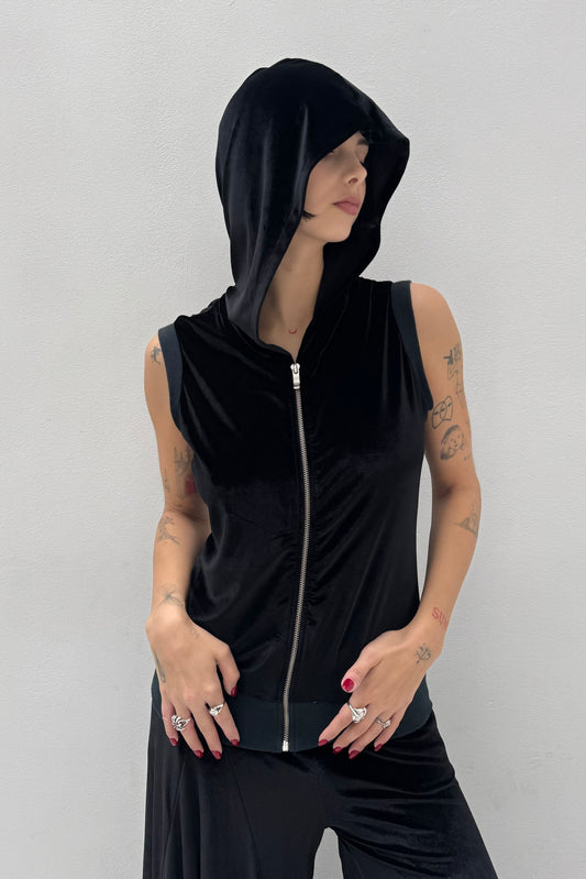 Vintage Black Velvet Hooded Top