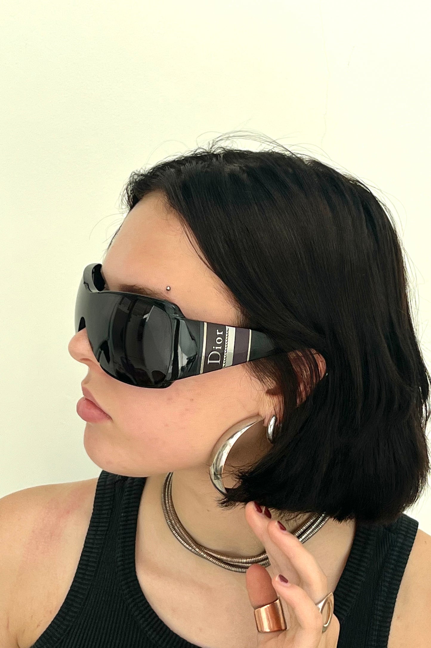Vintage Black Silver striped Logo Mask Sunglasses