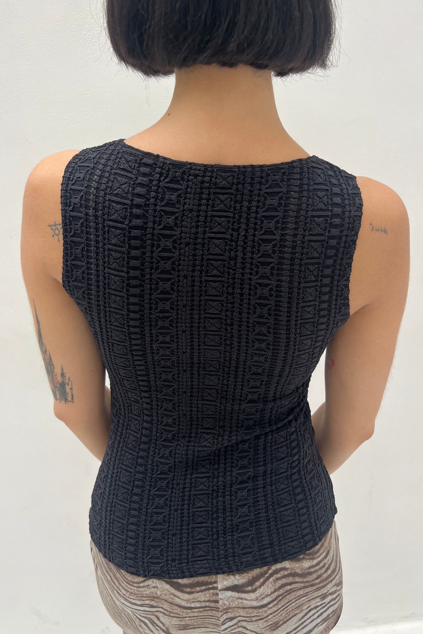 Vintage Black Woven Boat Neck Top