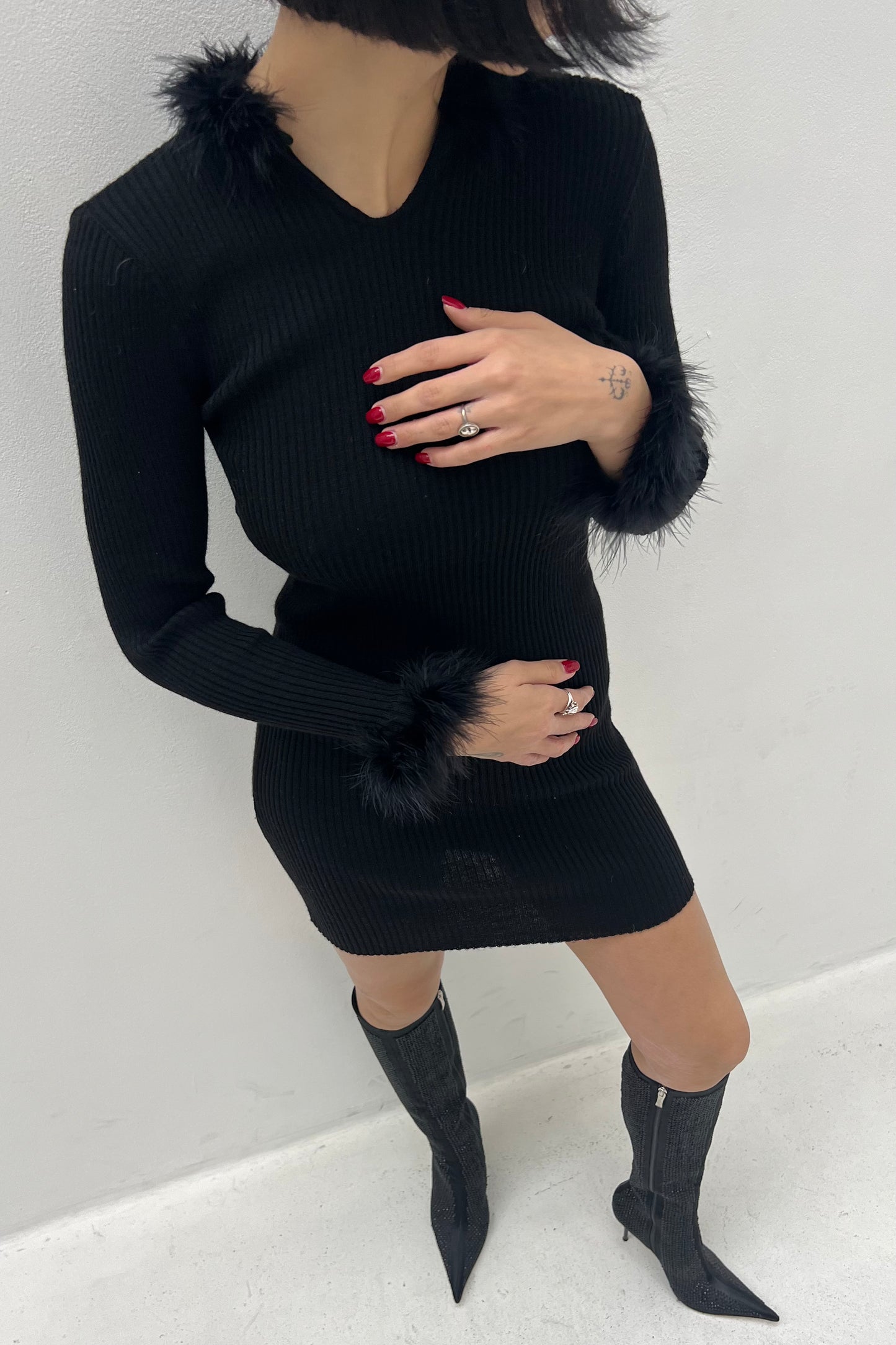 Vintage Kookai Black Knitted Feather Details Dress