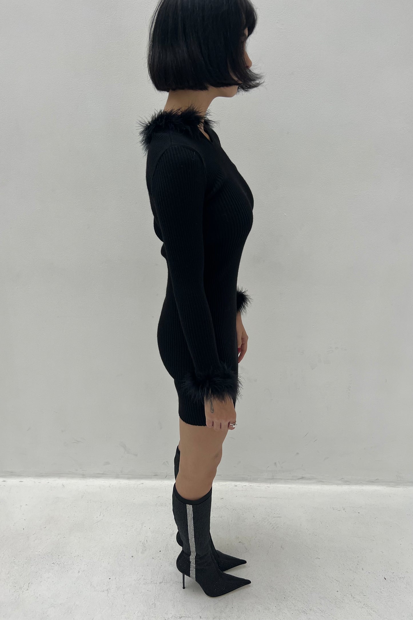 Vintage Kookai Black Knitted Feather Details Dress