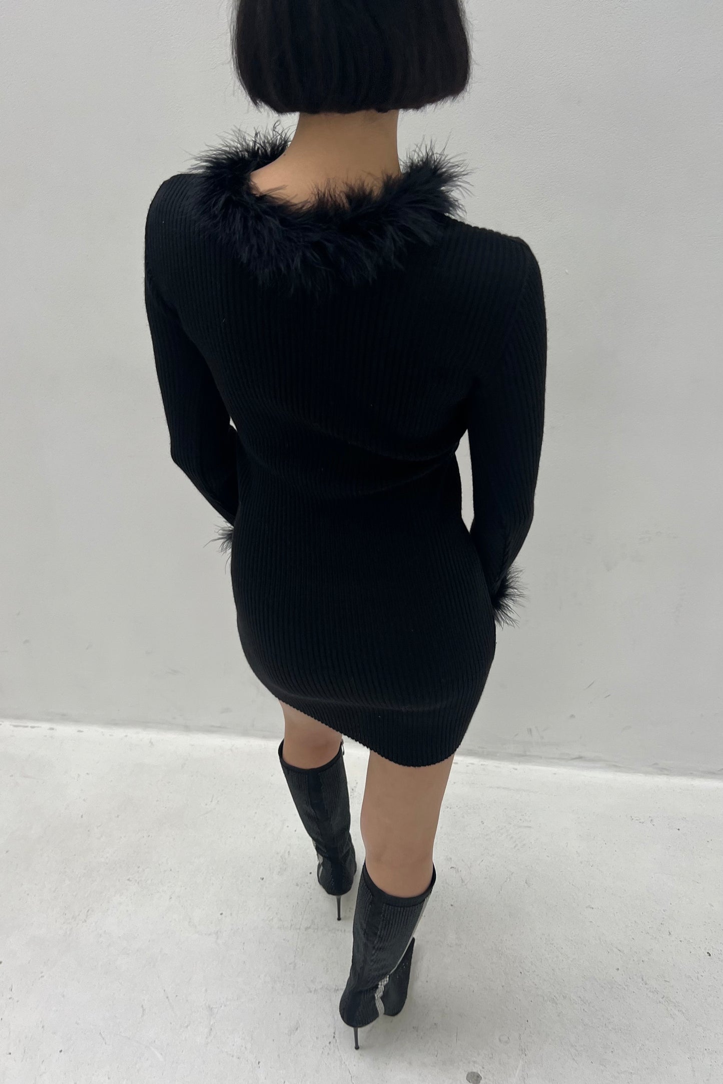 Vintage Kookai Black Knitted Feather Details Dress
