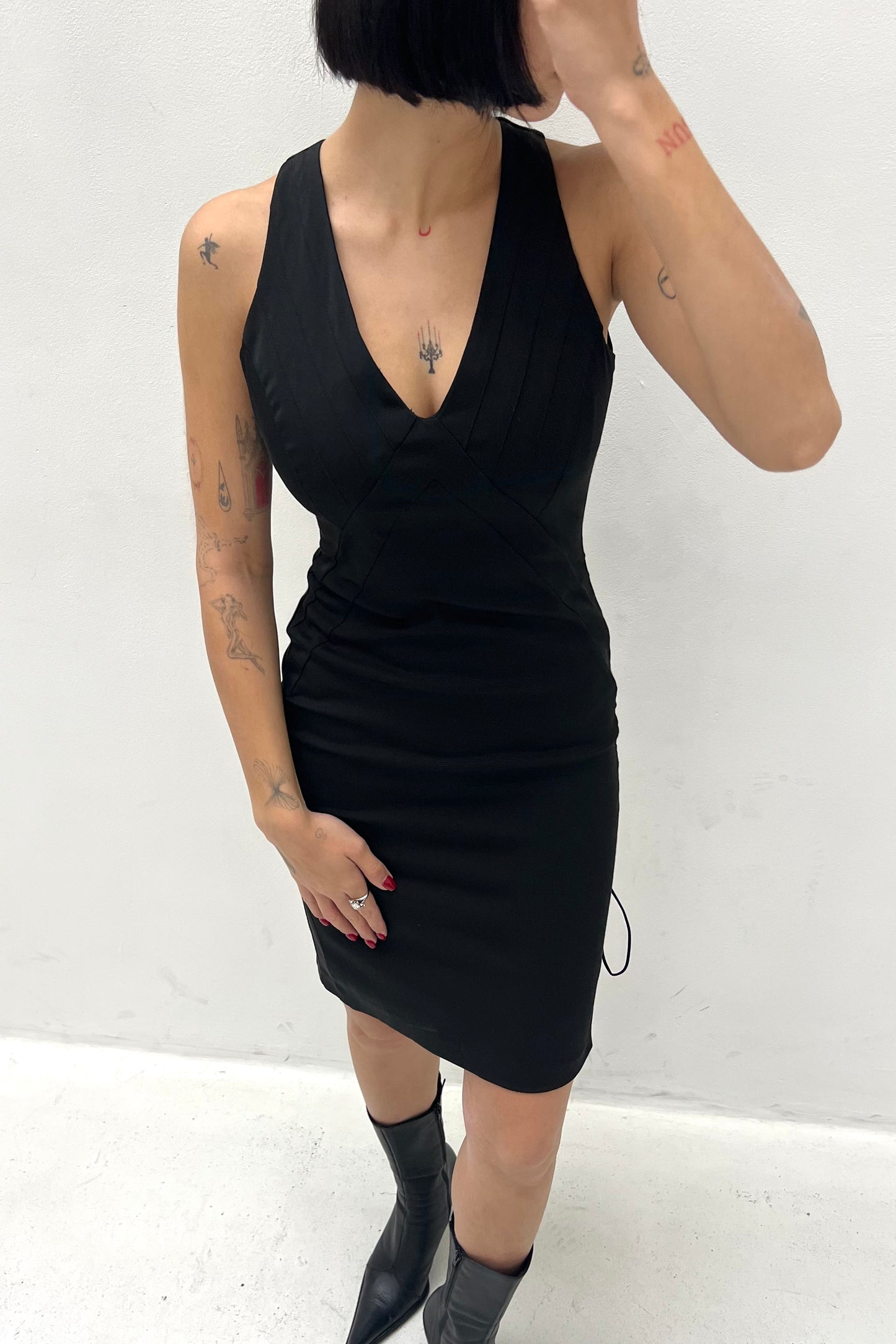 Vintage Black Golden Lace Up Details Dress