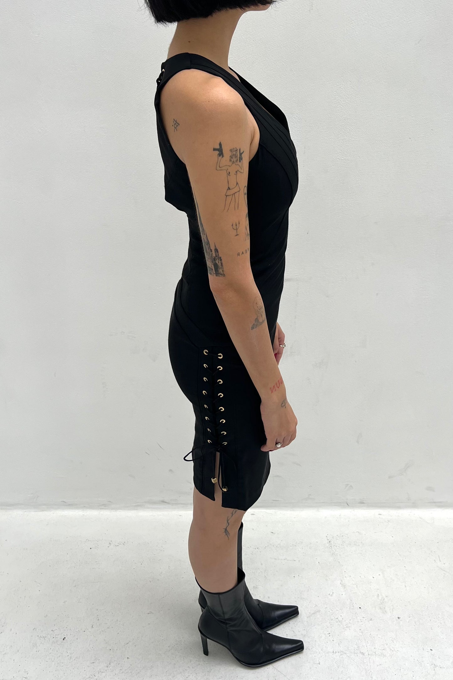 Vintage Black Golden Lace Up Details Dress