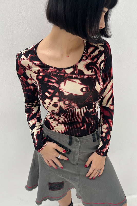 Vintage Black, Cream & Red Shiny Long-sleeve Top