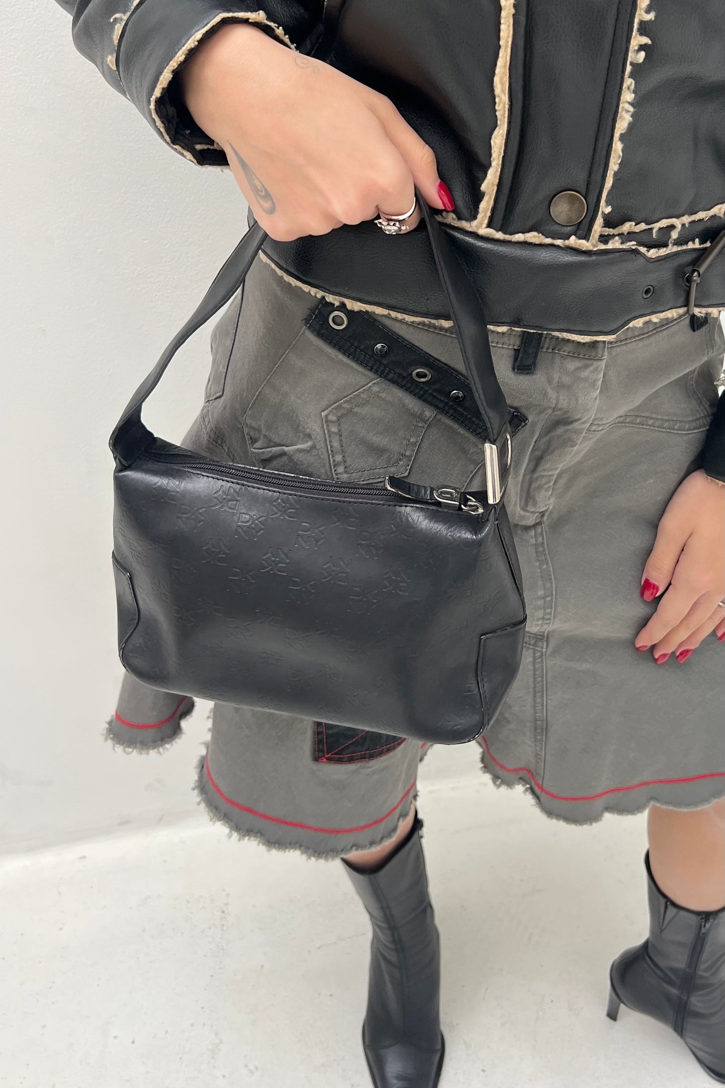 Vintage All Black Mono Leather Shoulder Bag