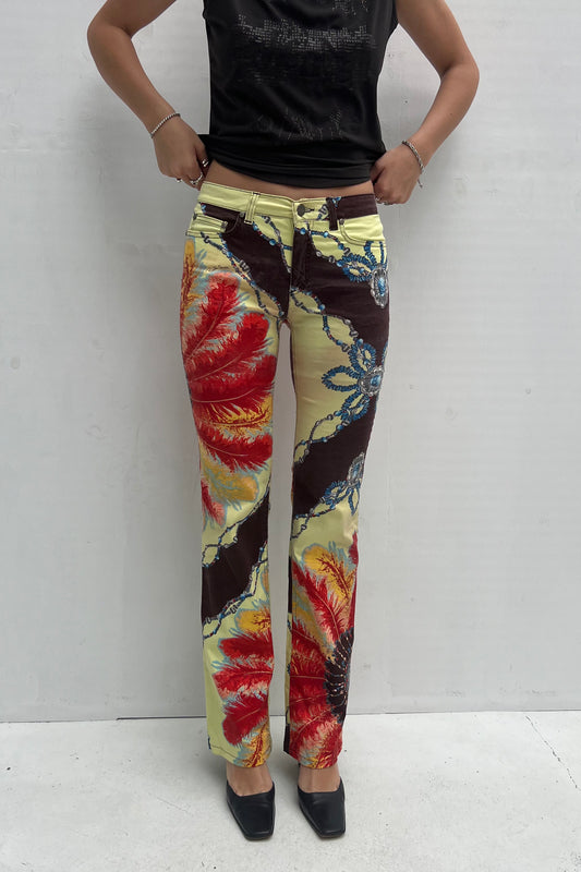 Vintage Feather & Beads Print Pants