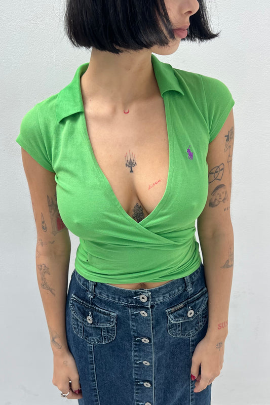 Vintage Green Wrap Polo Top