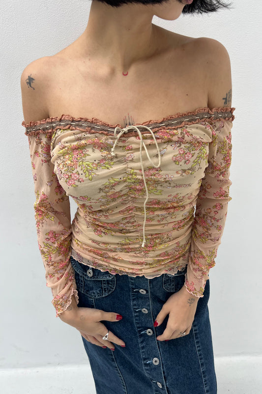 Vintage Nude Ruched Mesh Top