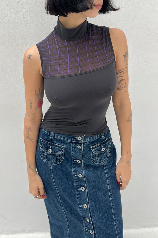 Vintage Black & Purple Details Turtle Neck Top
