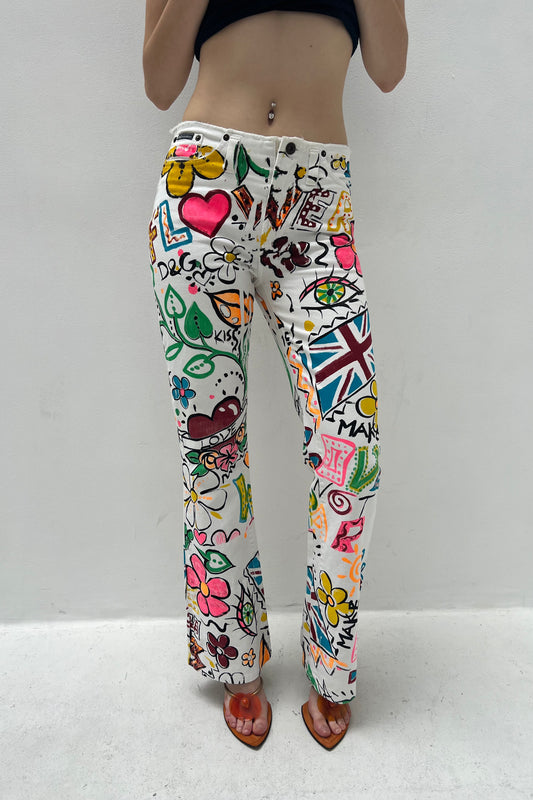 White Painting Print Pants