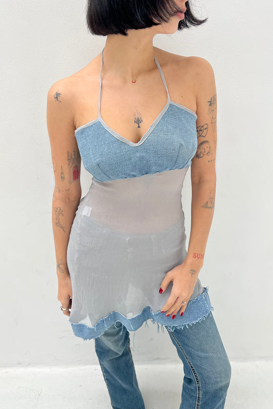 Vintage Gray Denim & Silk Dress