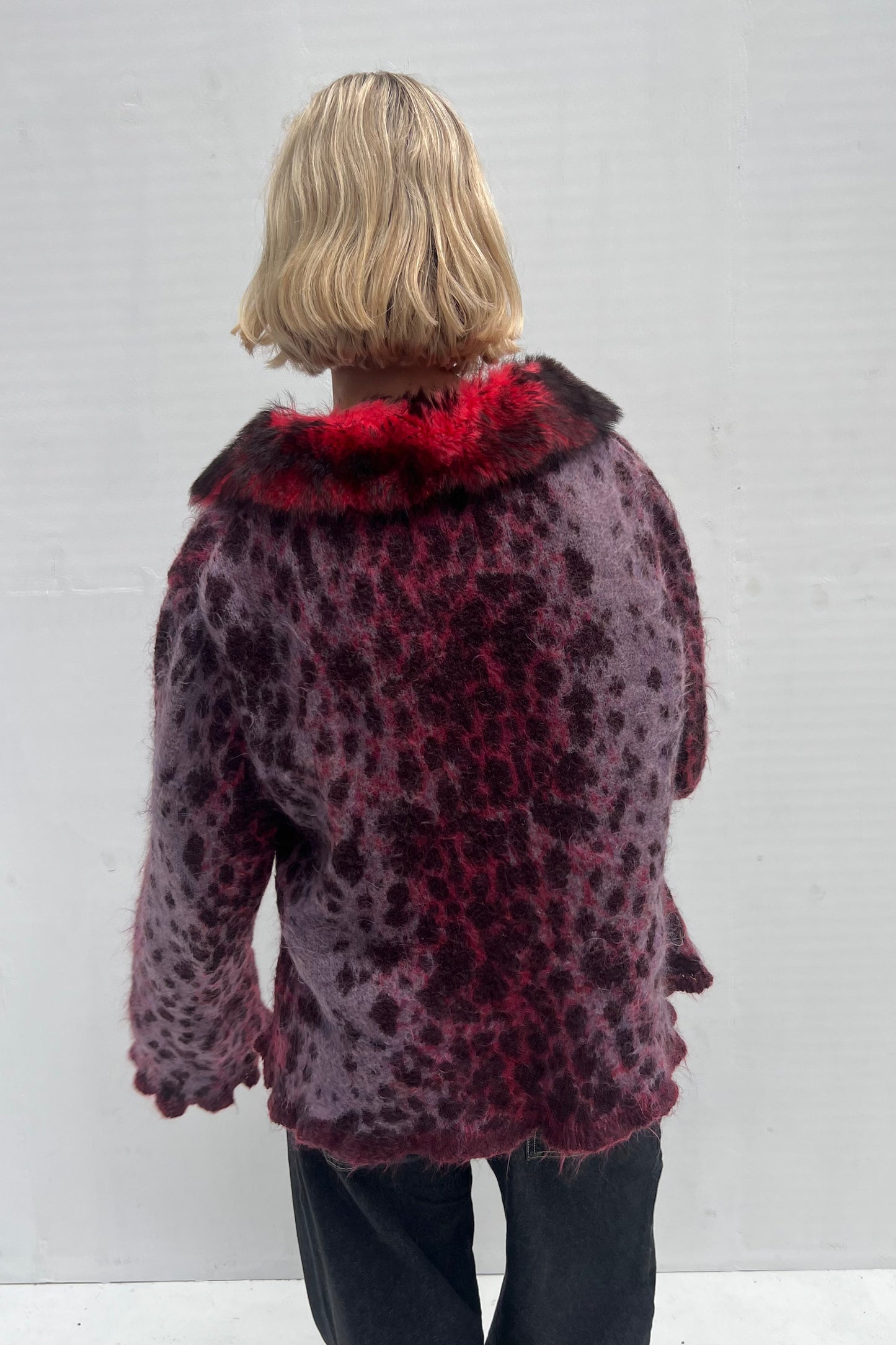 Vintage Burgundy Leopard Fur Collar Cardigan