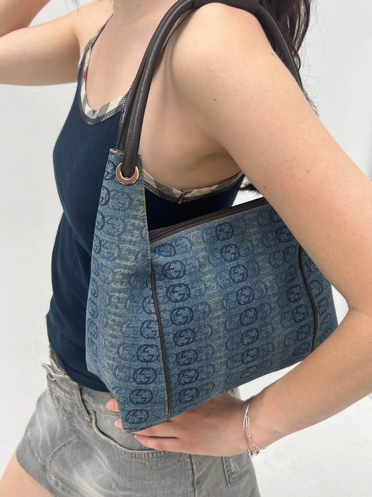Vintage Denim Interlocking Logo Print Bag