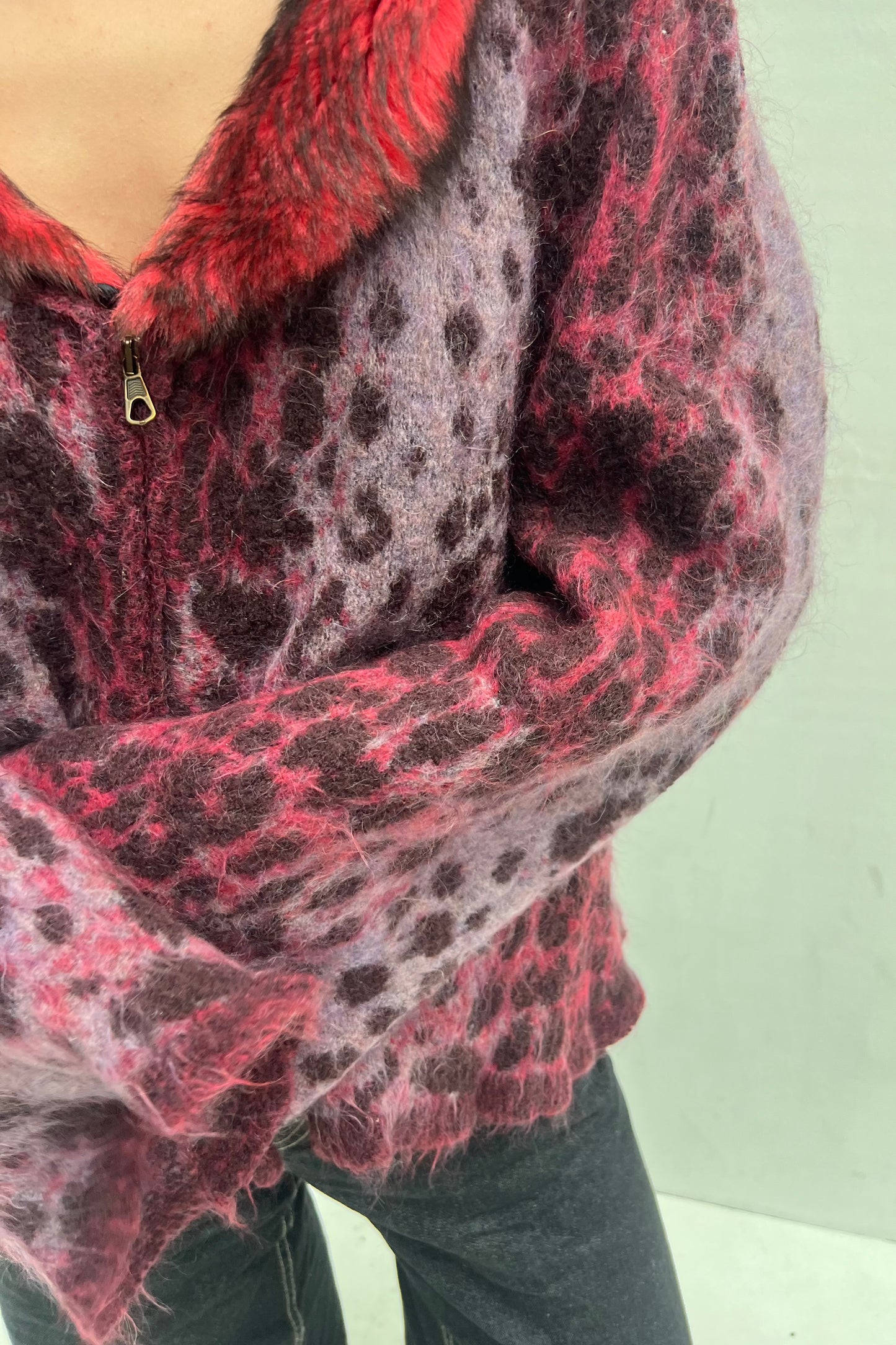 Vintage Burgundy Leopard Fur Collar Cardigan