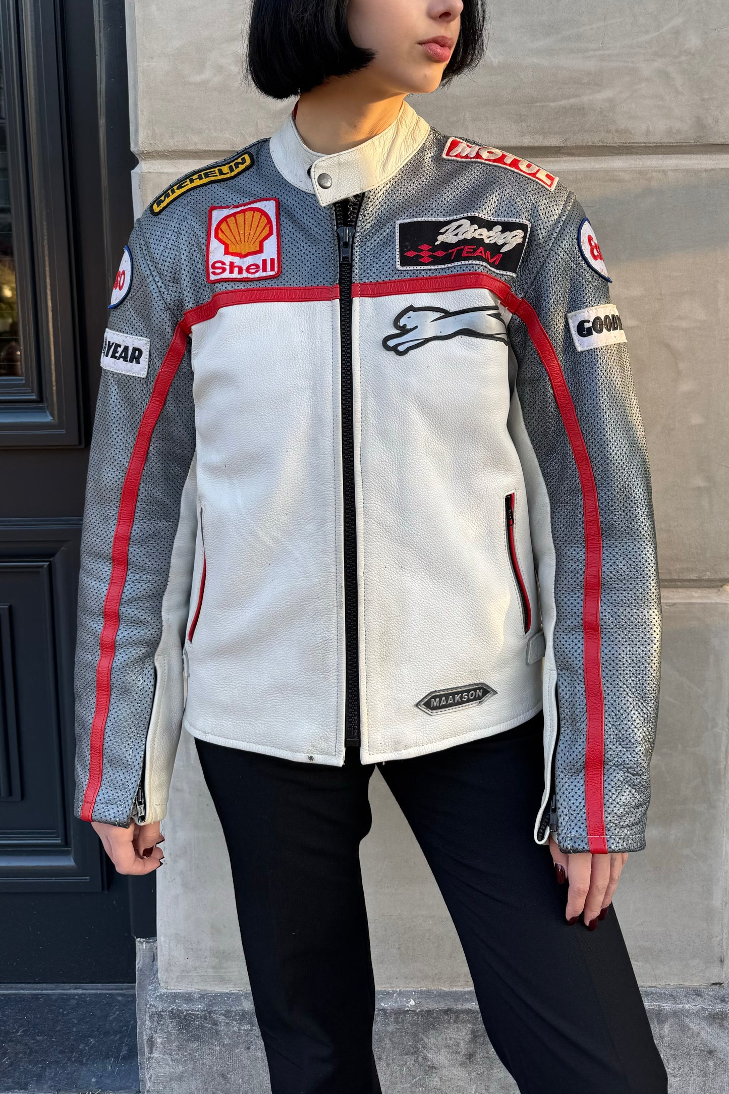 Vintage Multi Patches Silver & White Leather Jacket