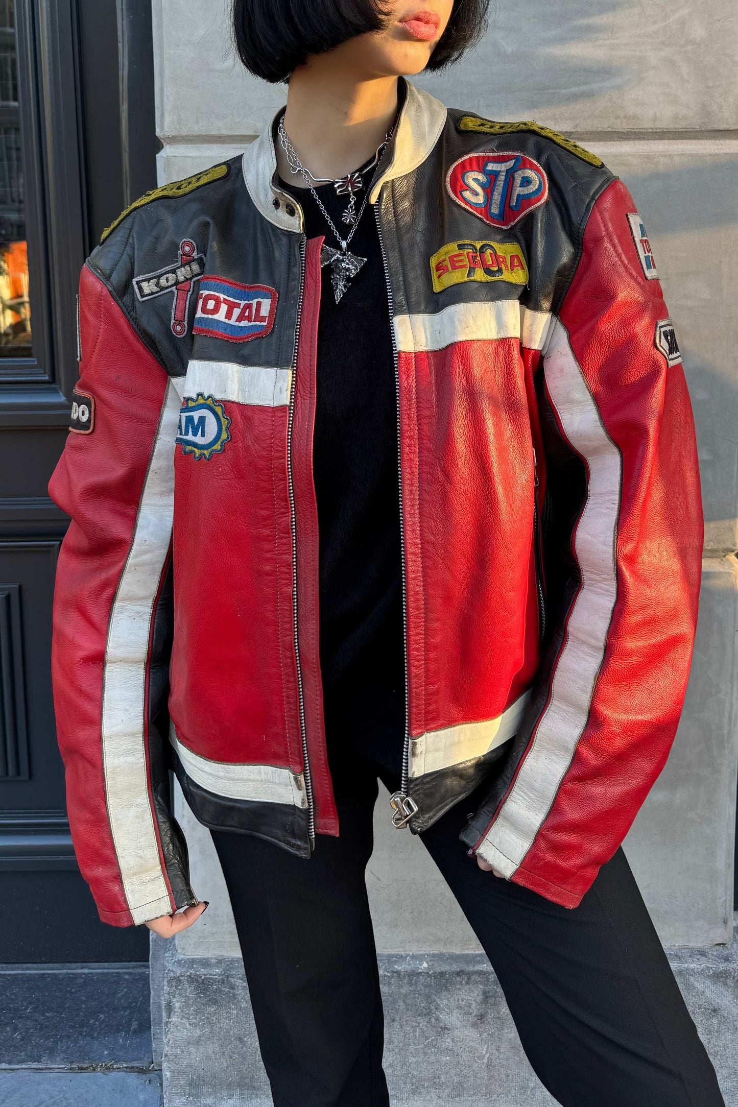 Vintage Red & Black Multi Patches Leather Racing Jacket