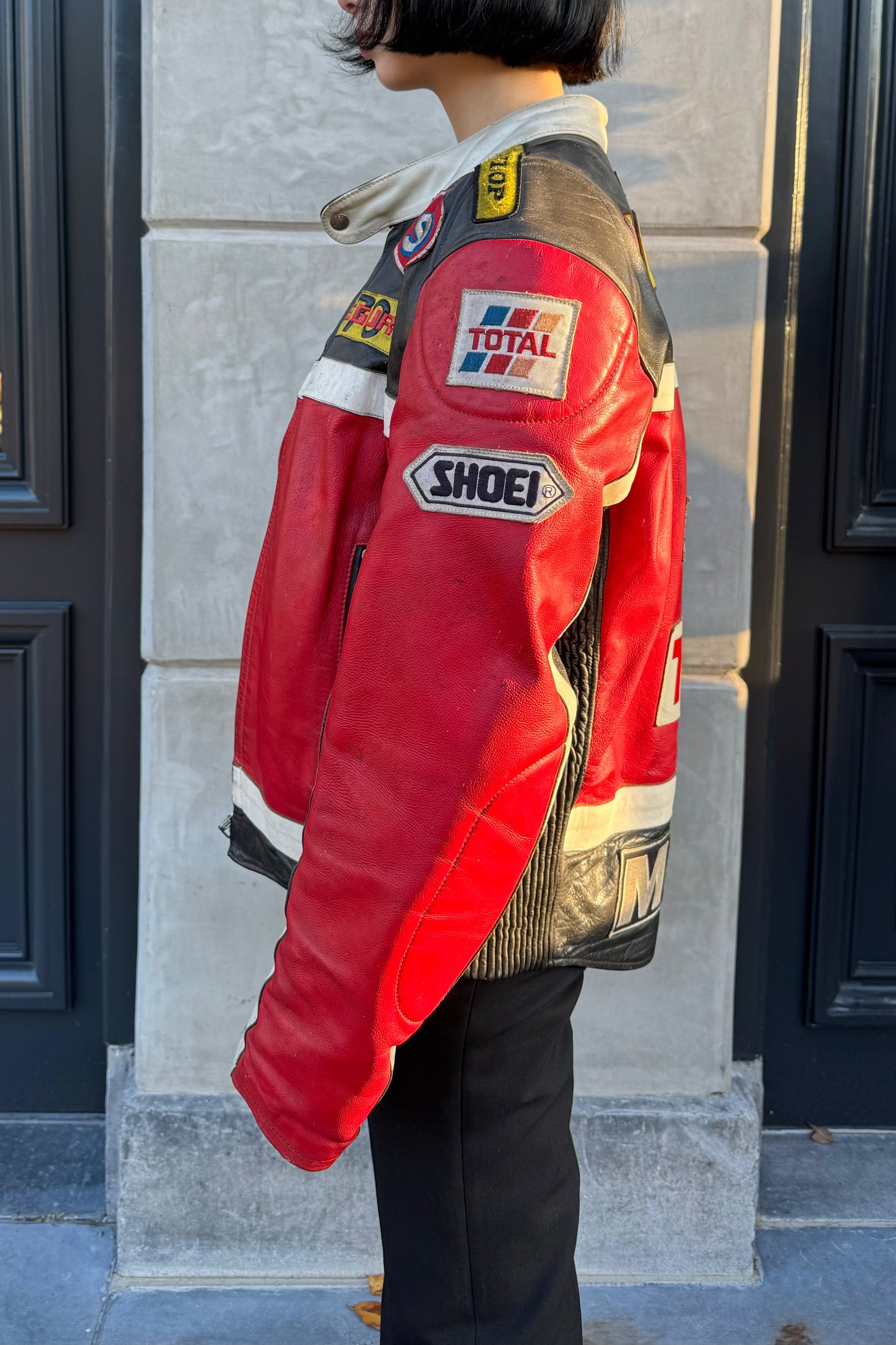 Vintage Red & Black Multi Patches Leather Racing Jacket