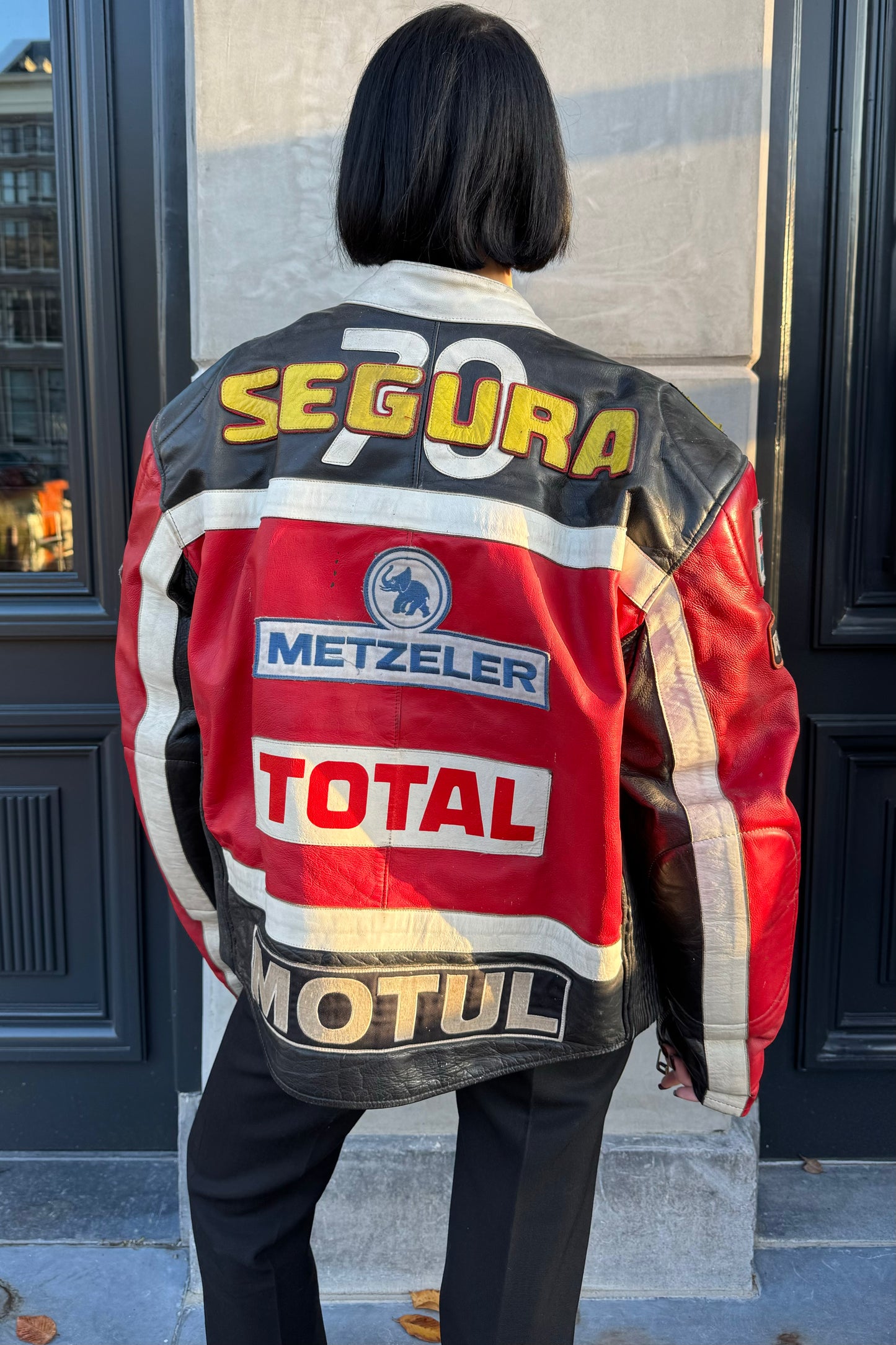 Vintage Red & Black Multi Patches Leather Racing Jacket