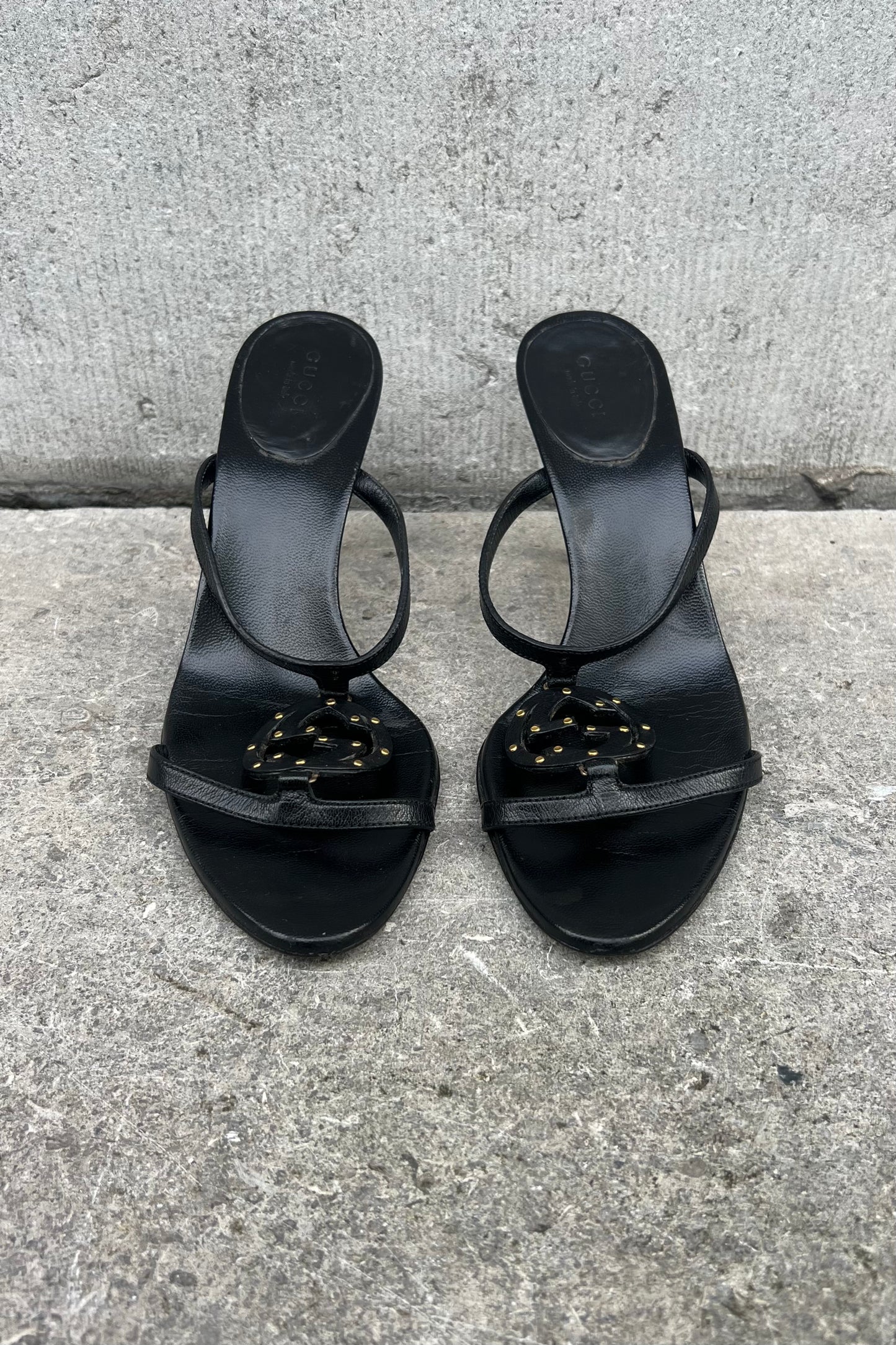 Vintage Black Leather Mini Studs Logo Mules 38