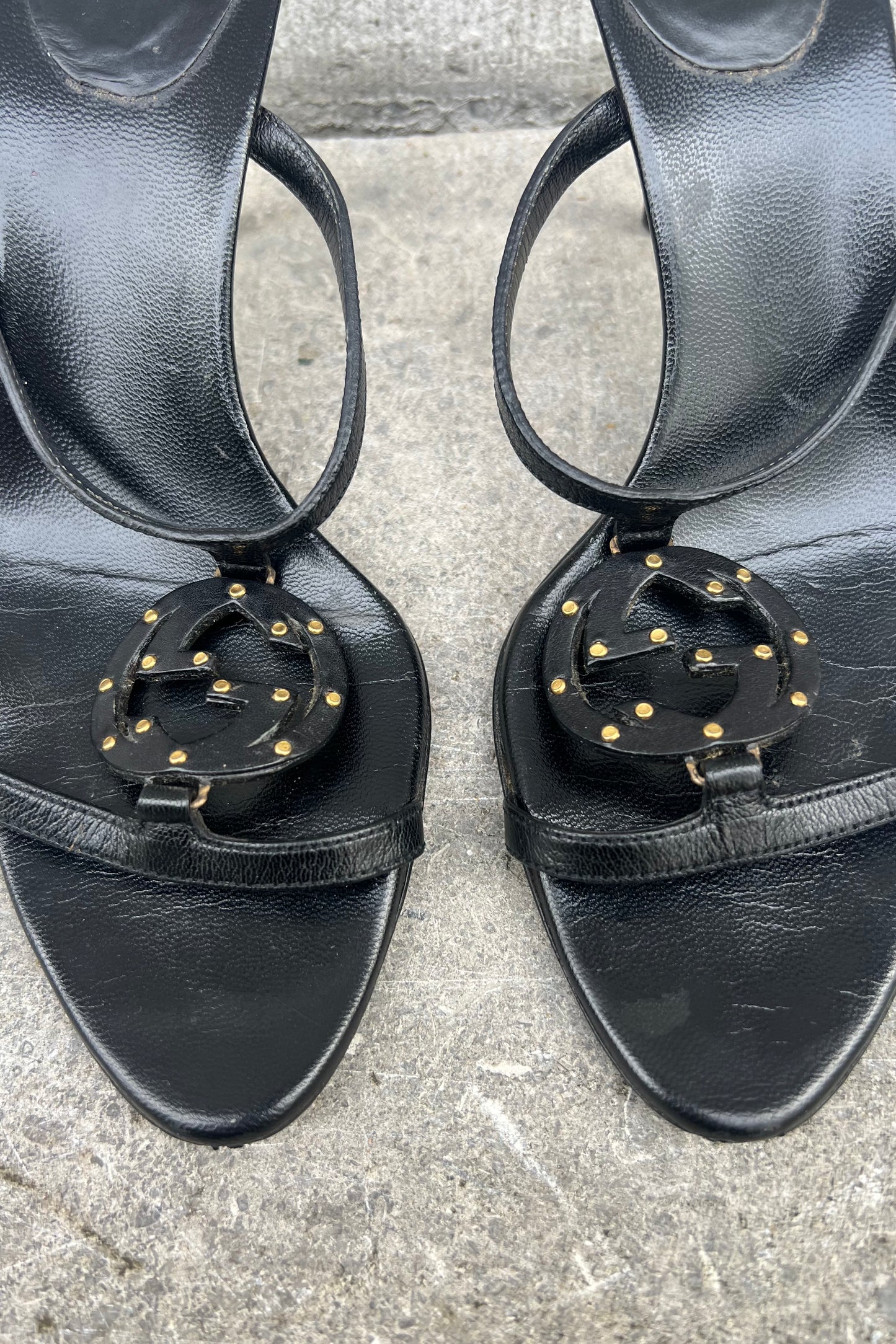 Vintage Black Leather Mini Studs Logo Mules 38