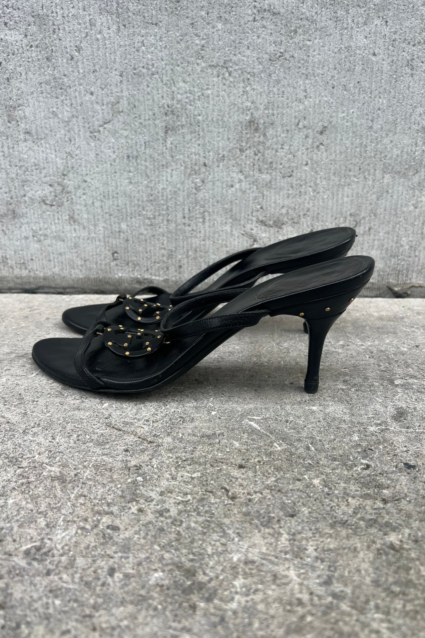 Vintage Black Leather Mini Studs Logo Mules 38