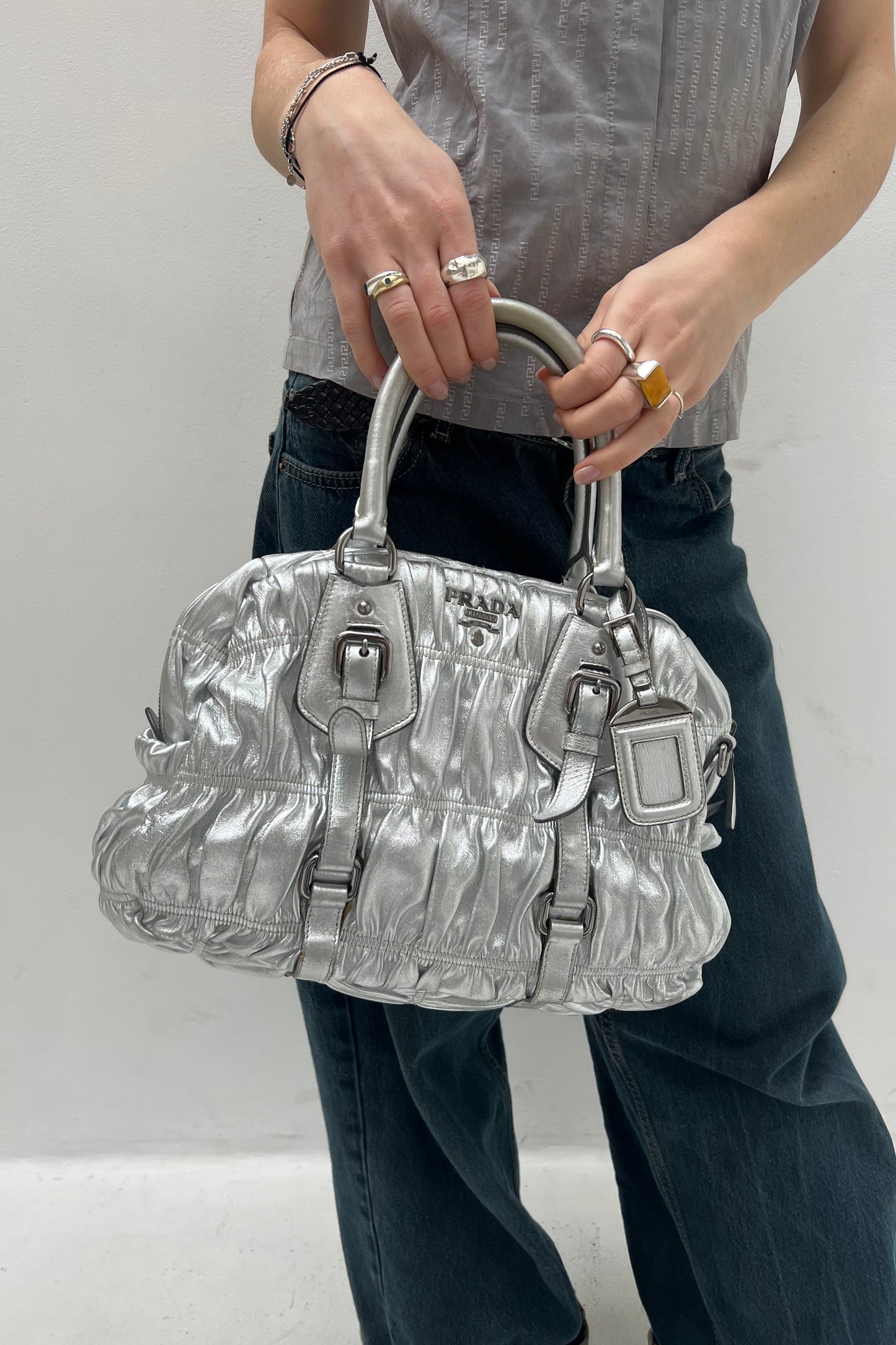 Vintage Silver Ruffle Leather Bag