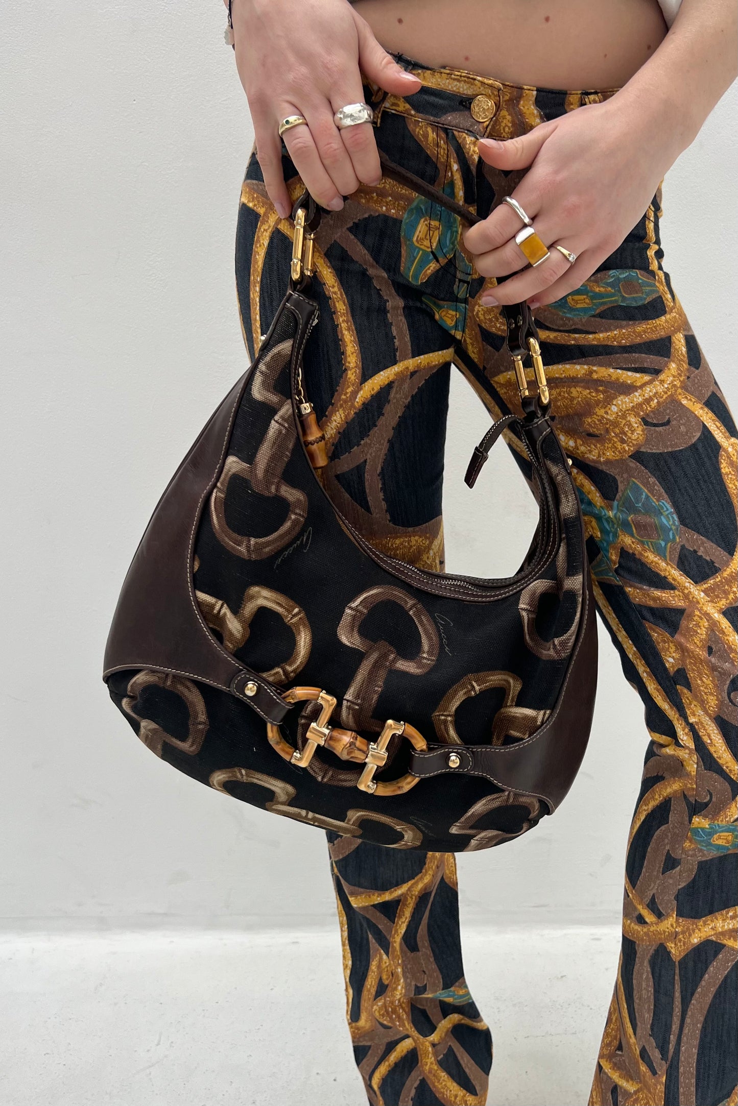 Vintage Brown Leather Bamboo Detailed Bag