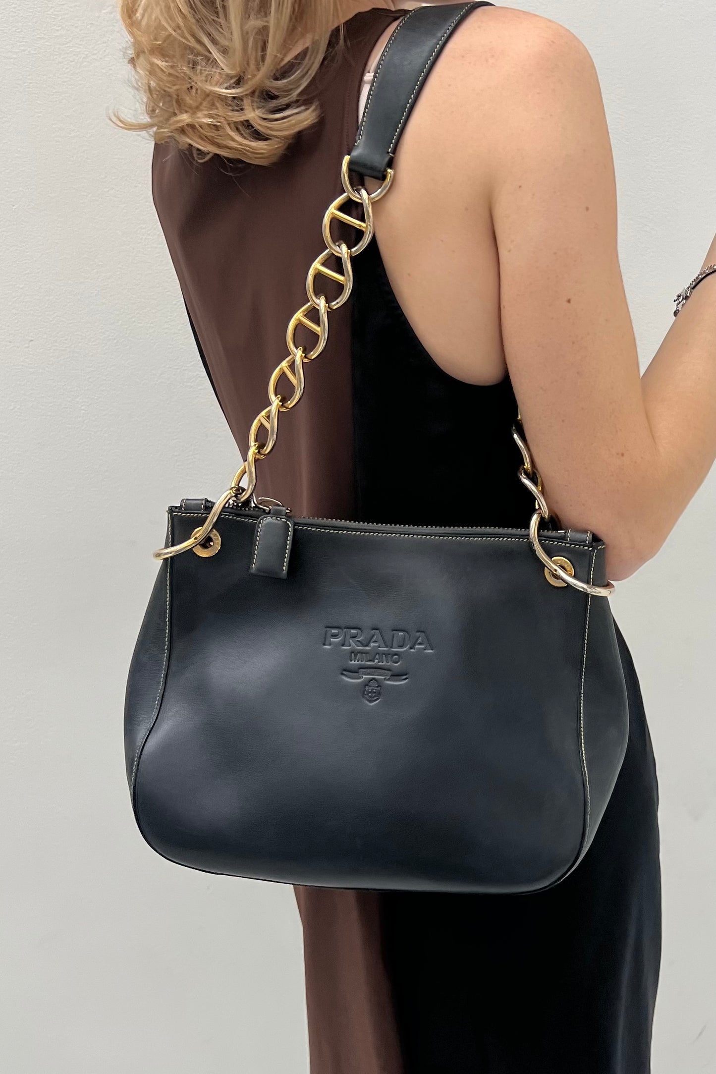 Vintage Black Leather Golden Chain Handle Bag