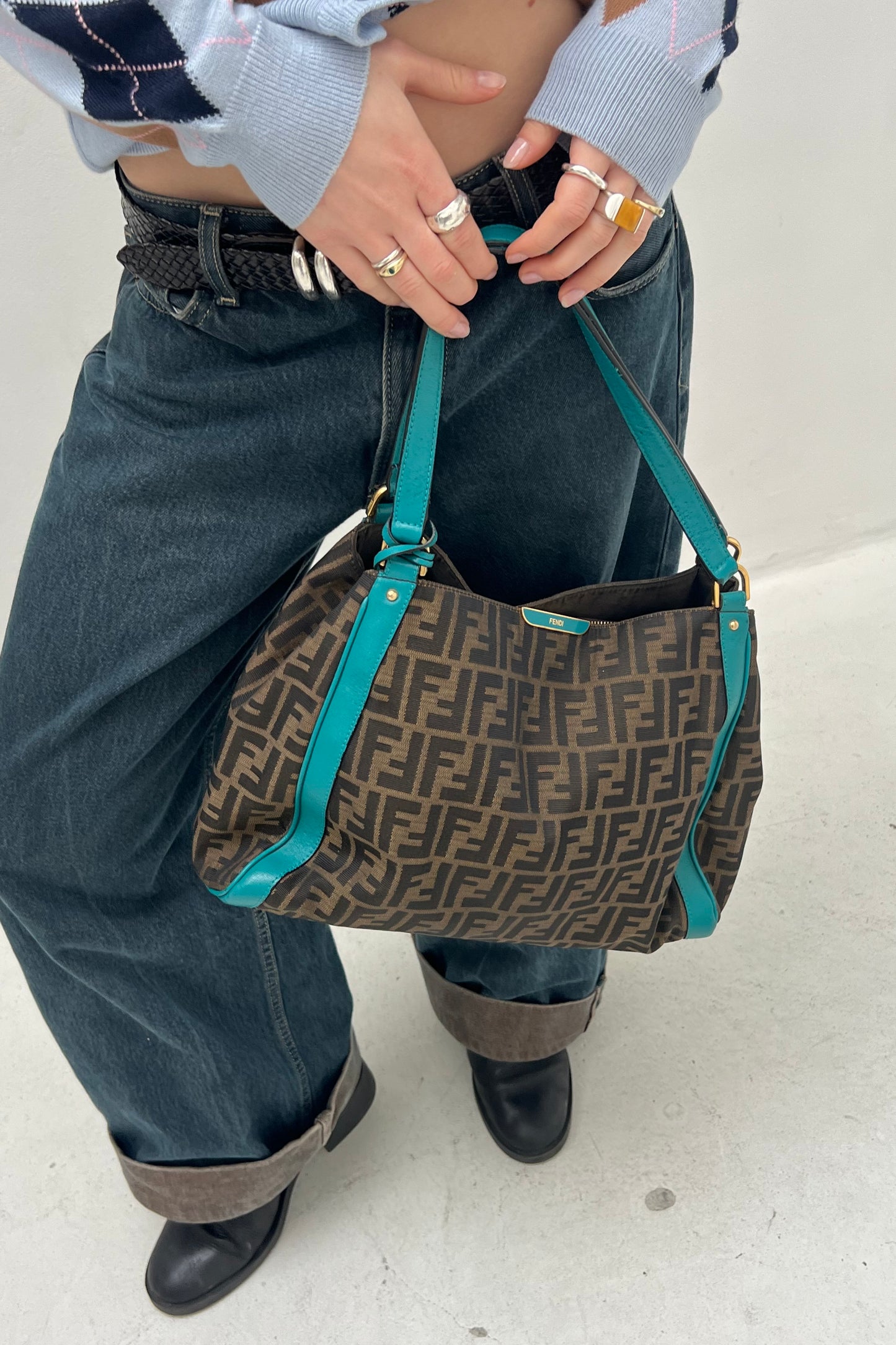 Vintage Classic Zucca Logo & Petrol Details Shoulder Bag