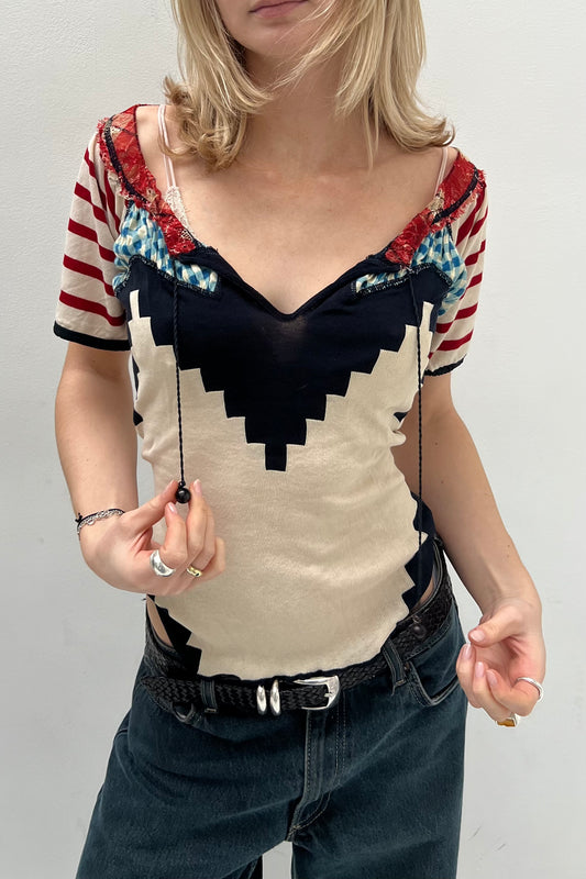 Vintage Navy & Cream Lace Detail Top