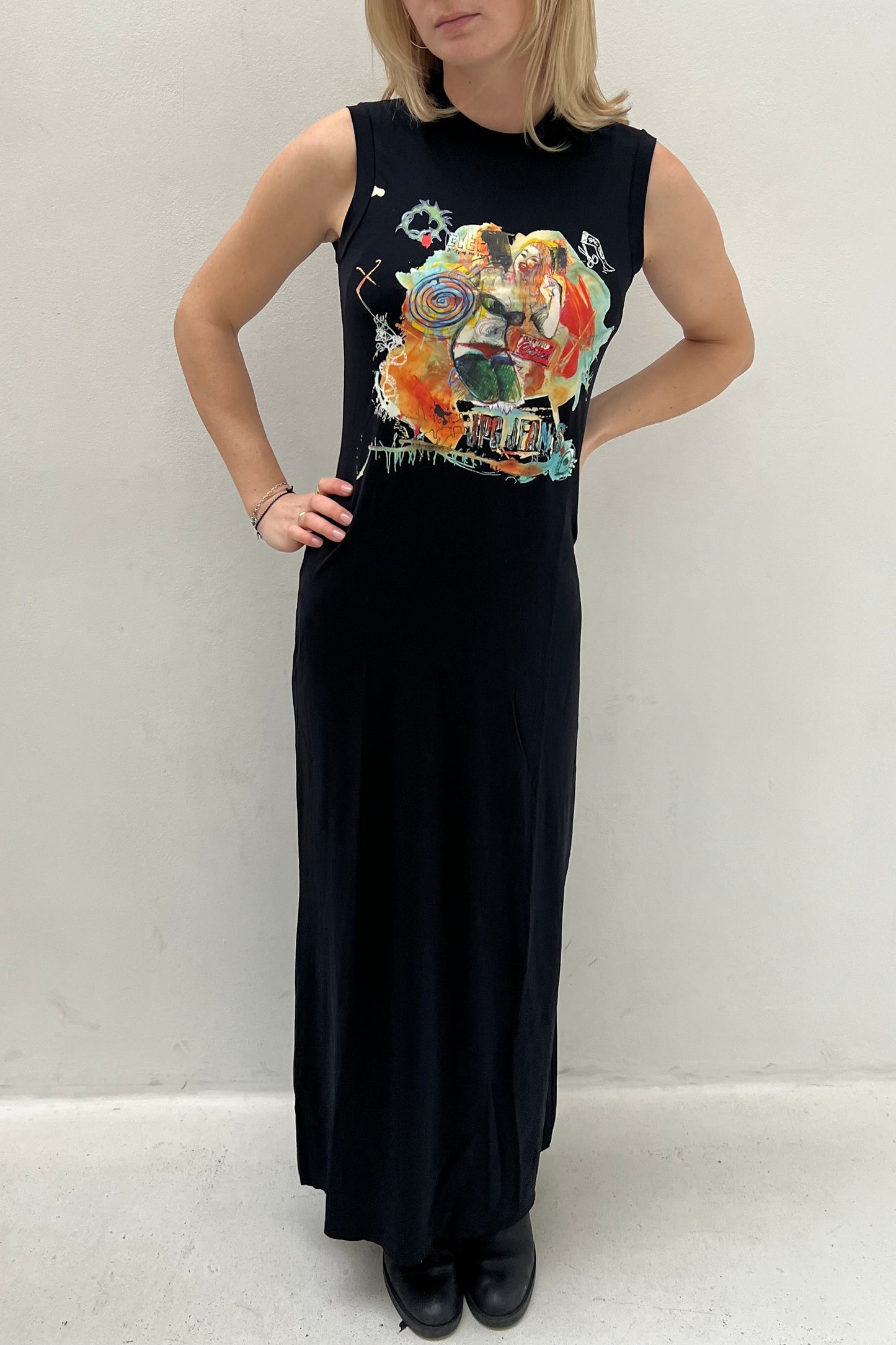 Vintage Black Painting Print Maxi Dress