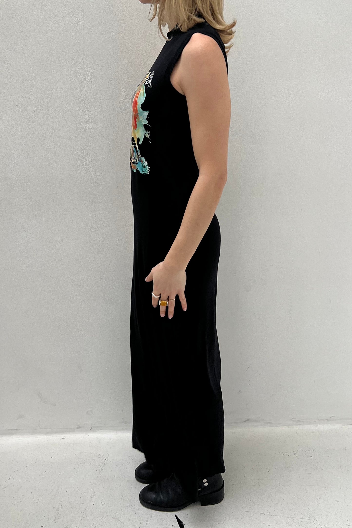 Vintage Black Painting Print Maxi Dress