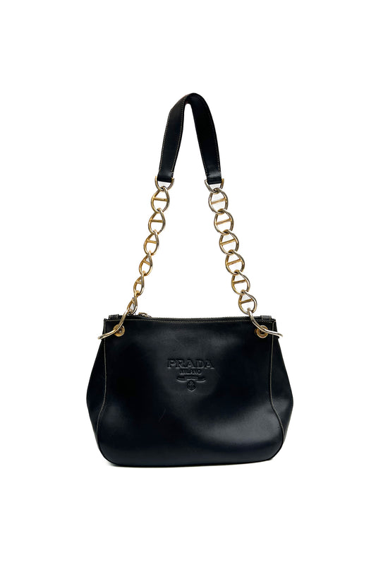 Vintage Black Leather Golden Chain Handle Bag