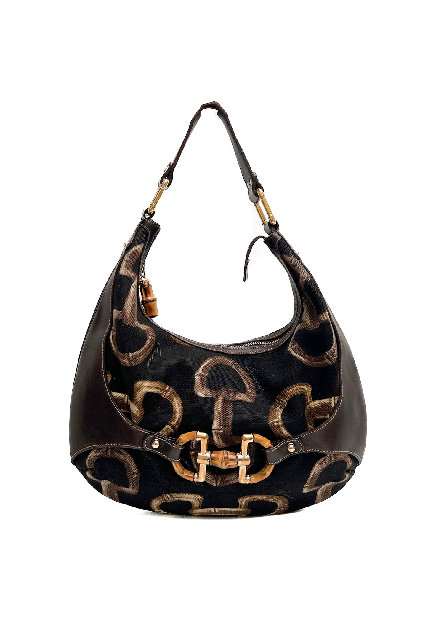 Vintage Brown Leather Bamboo Detailed Bag