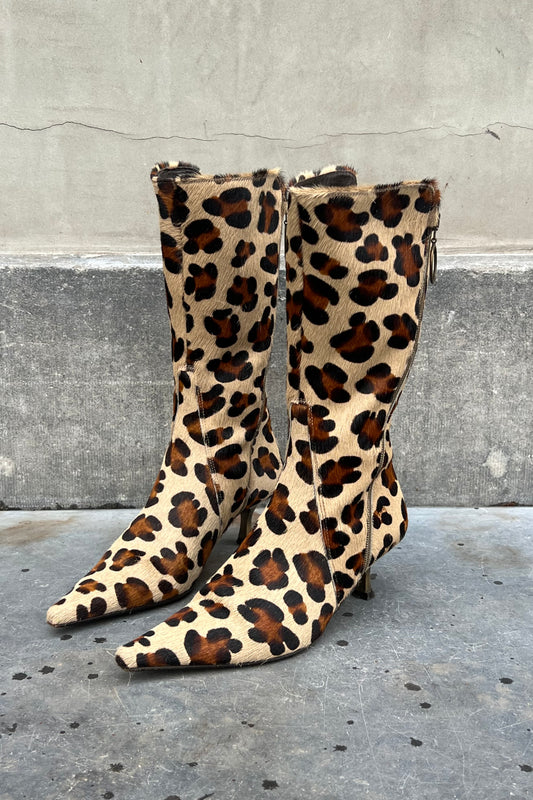 Vintage Leopard Pointy Toe Calf Skin Boots 36