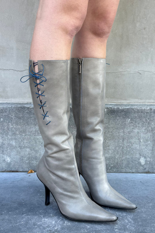 Vintage Grey Blue Lace Up Boots 38