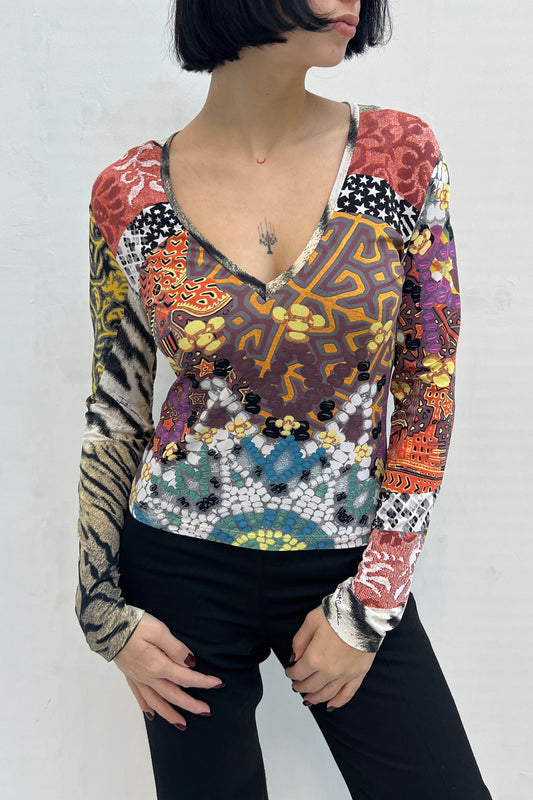Vintage Fantasy Jewel & Tiger V-Neck Longsleeve