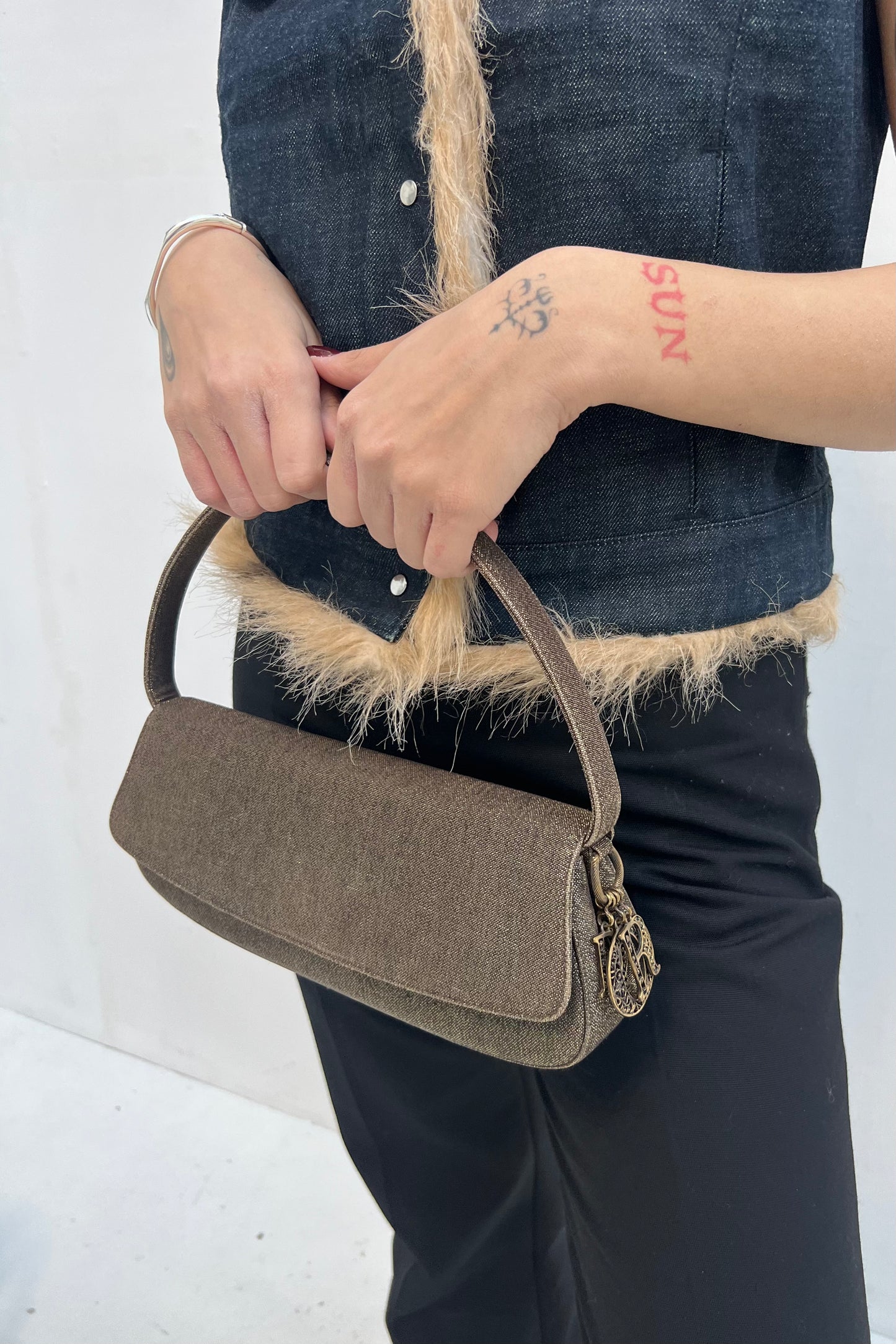 Vintage Denim Glitter Lune Baguette Bag