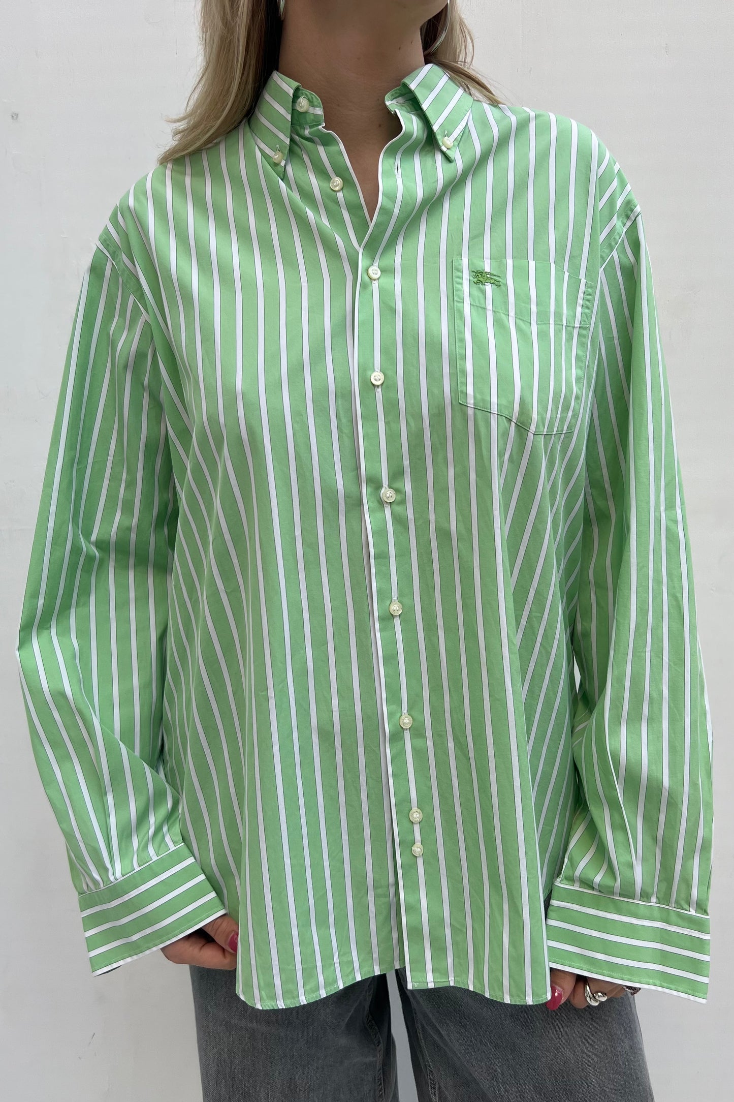 Vintage Green Striped Button-Up Shirt