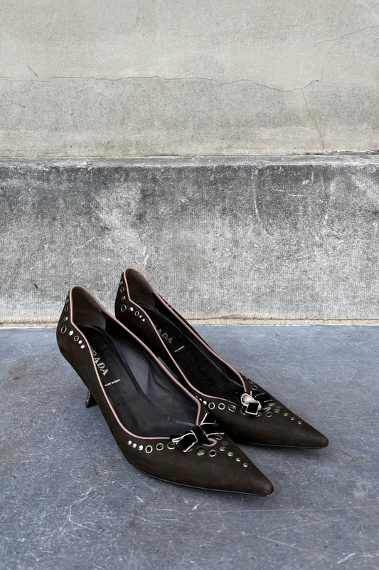 Vintage Chocolate Suede Pointy Toe Mini Heels 40