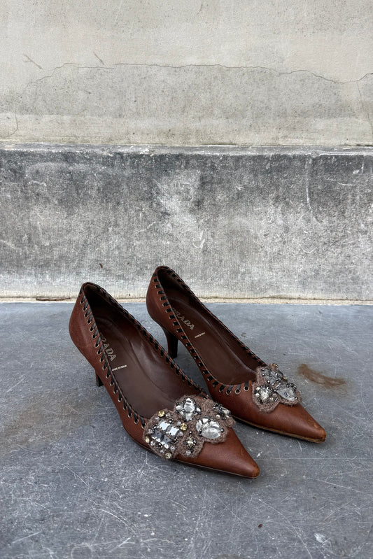 Vintage Brown Gemstone Detail Heels 37