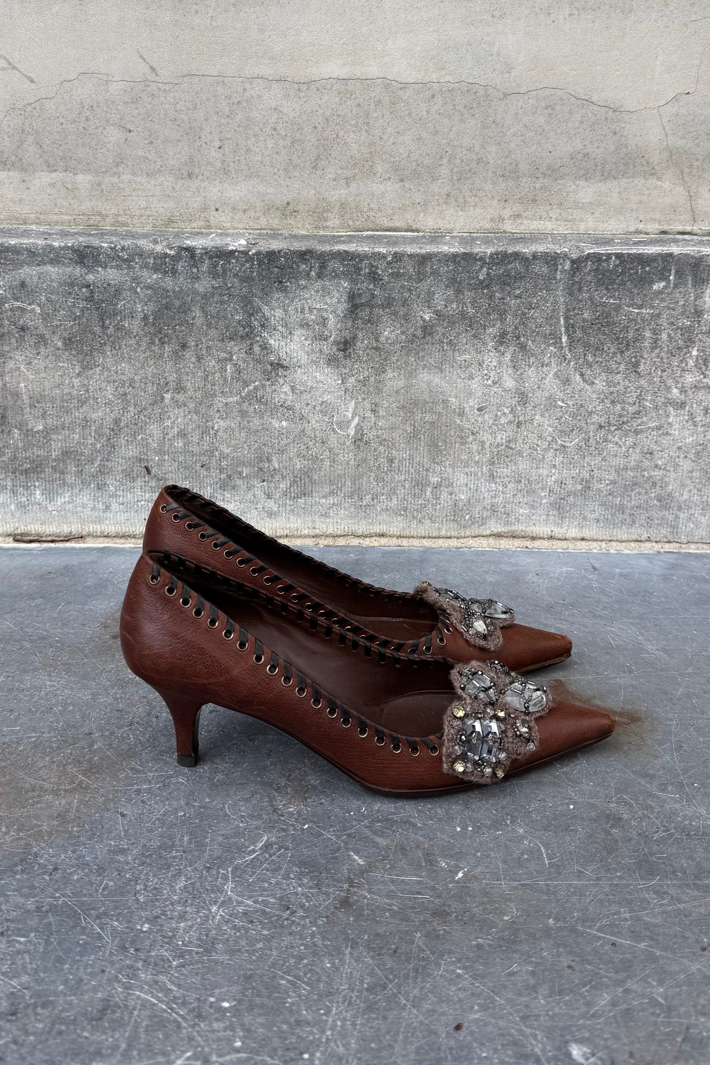 Vintage Brown Gemstone Detail Heels 37