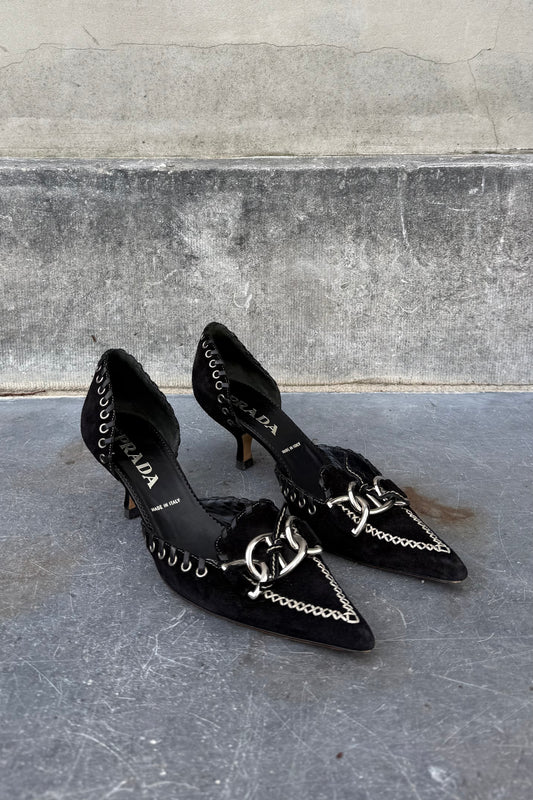 Vintage Black Suede Silver Eyelet Toe Kitten Heel 37,5