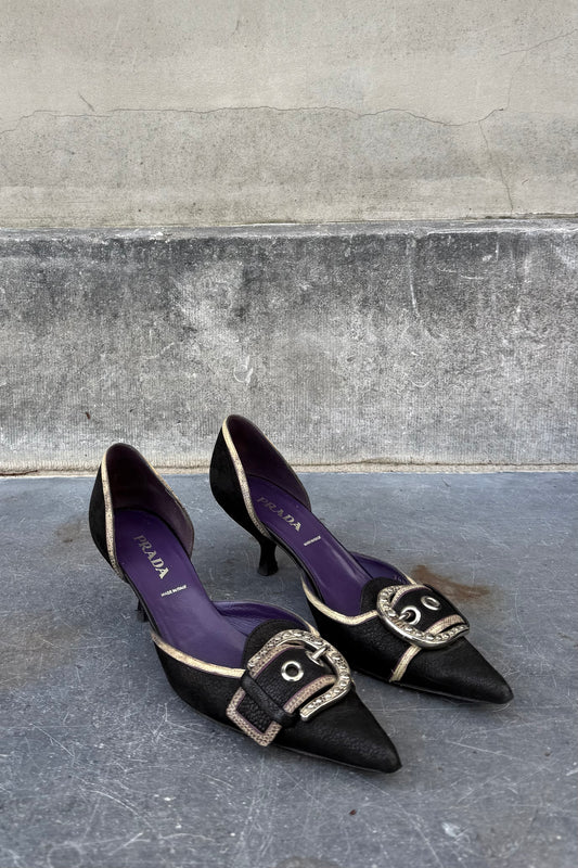 Vintage Black Buckle Pointy Toe Kitten Heel 37,5