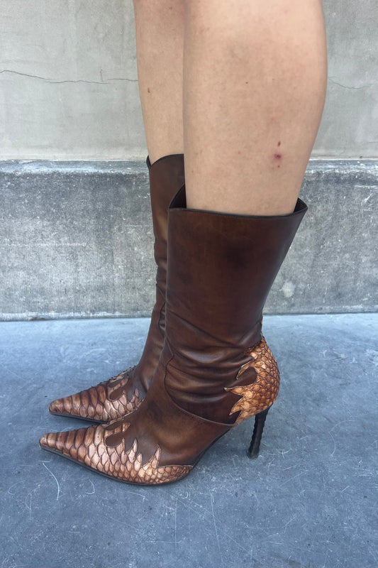 Vintage Chocolate Iconic Python Detail Boots 38