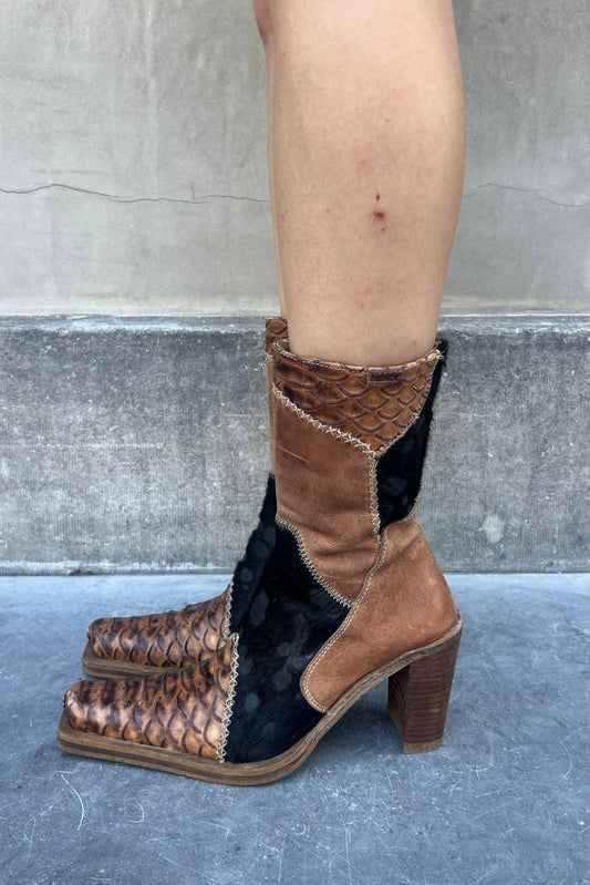 Vintage Patchwork Brown Leather Boots 38