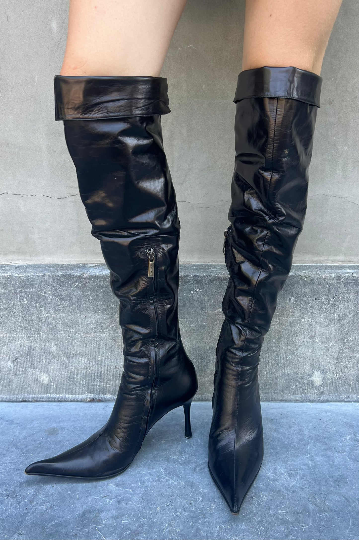 Vintage Over the Knee Black Leather Pointy Toe Boots 40
