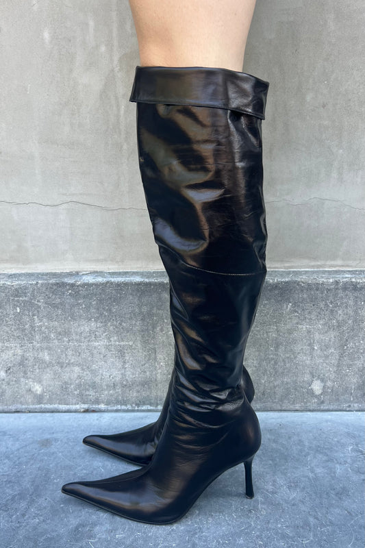 Vintage Over the Knee Black Leather Pointy Toe Boots 40